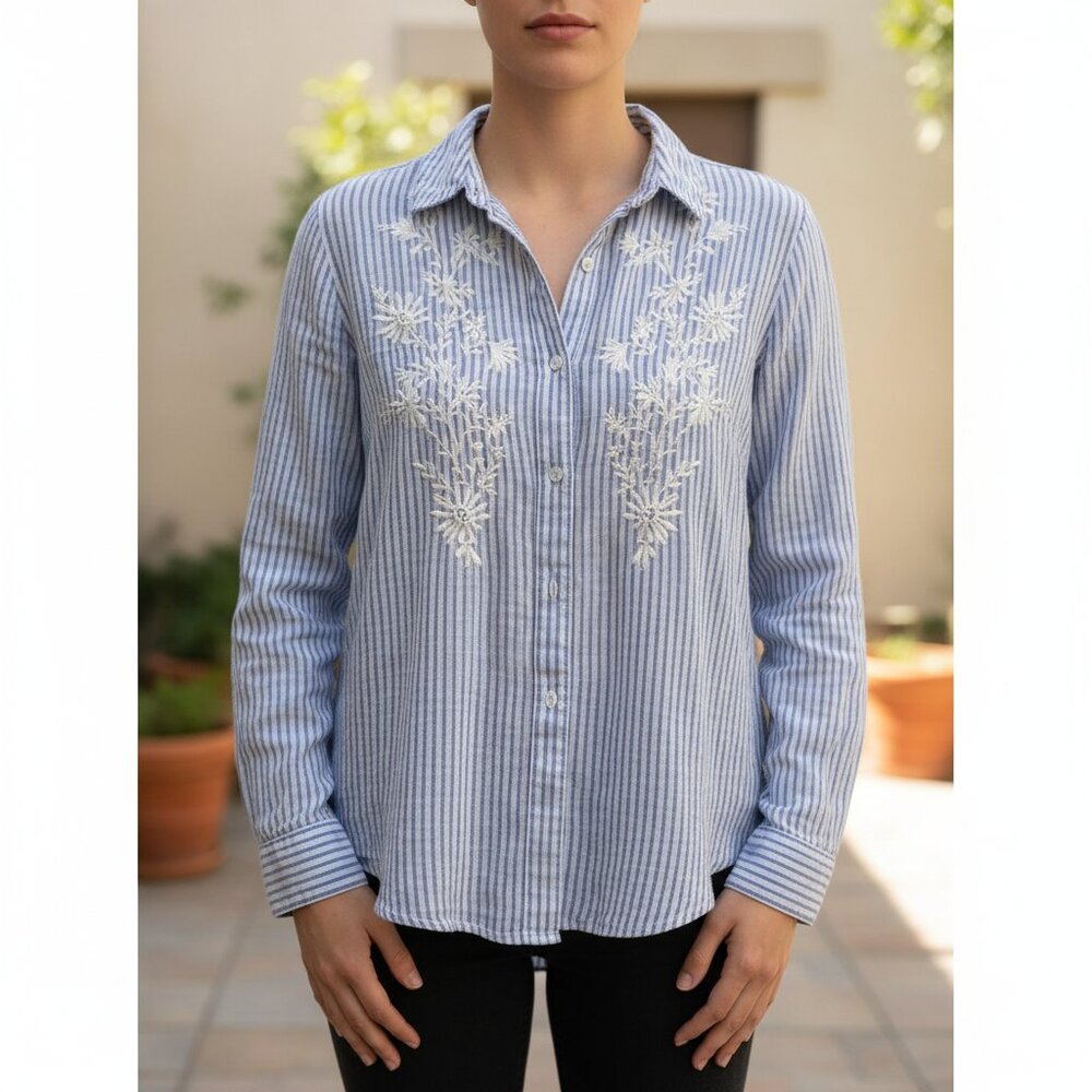 Floral Embroidered Blue Striped Button-Down Shirt | Size M